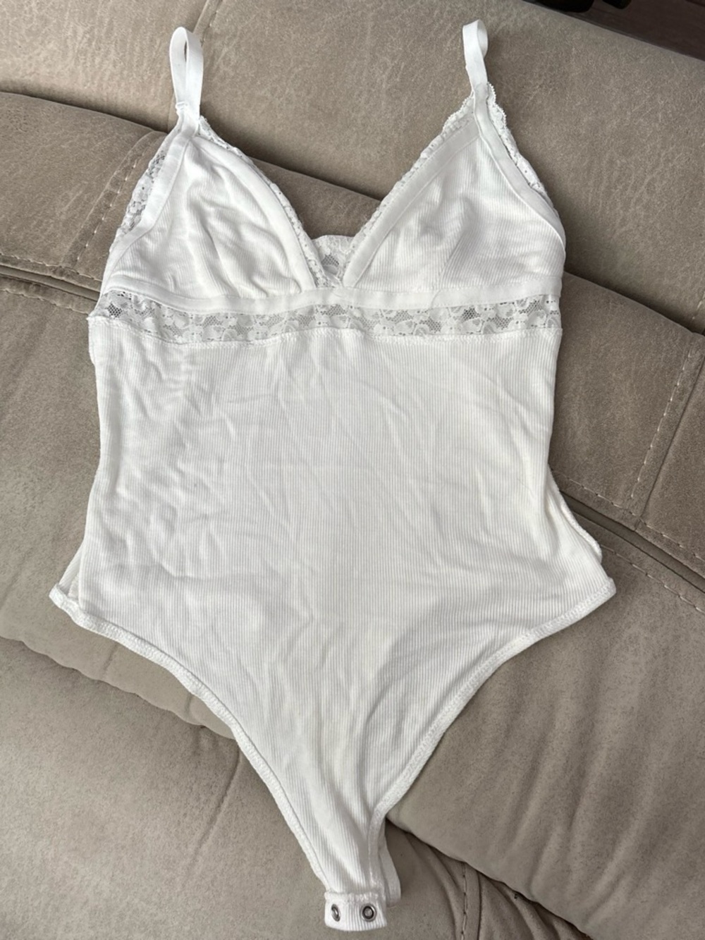 Love White Ribbed Lace-Trim Bodysuit